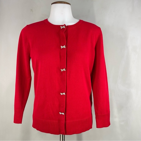 Cable and Gauge Women Sweater Size Small Red With Bow Stone Buttons. - Picture 1 of 8
